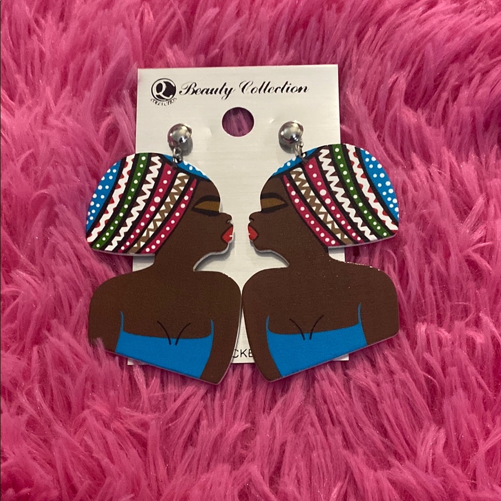 African Print Statement Earrings - Blue & Multicolor